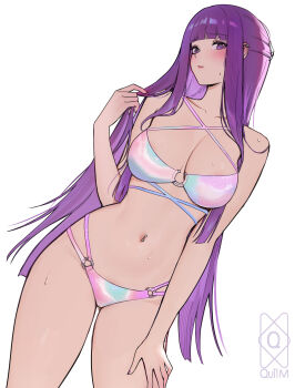  1girl absurdres bikini breasts collarbone cowboy_shot dutch_angle fern_(sousou_no_frieren) highres large_breasts long_hair multicolored_bikini navel navel_piercing piercing purple_eyes purple_hair quilm simple_background solo sousou_no_frieren stomach swimsuit thighs very_long_hair white_background  rating:Sensitive score:90 user:danbooru