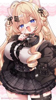  1girl :3 :d ahoge animal_ears black_bow black_bowtie black_choker black_dress black_jacket blonde_hair blue_eyes blush bow bowtie breasts cat_ears cat_girl choker cowboy_shot dress fang frilled_dress frills hair_ornament hairclip hand_on_own_hip hand_up highres huge_breasts index_finger_raised jacket legs_apart legwear_garter long_hair long_sleeves looking_at_viewer msp_sammy open_clothes open_jacket open_mouth original pink_background plaid_clothes plaid_dress short_dress skin_fang skindentation smile solo standing thick_thighs thighs tsurime twitter_username two-tone_dress v-shaped_eyebrows white_background white_dress x_hair_ornament 