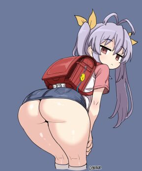  1girl absurdres age_difference antenna_hair ass ass_focus backpack bag bent_over cowboy_shot dimitri_becker expressionless from_behind hair_ribbon highres huge_ass kyojiri_loli legs loli miyauchi_renge non_non_biyori pink_eyes purple_hair randoseru ribbon shirt skirt socks solo standing thick_thighs thighs twintails  rating:Questionable score:220 user:SassyLoliCorrector