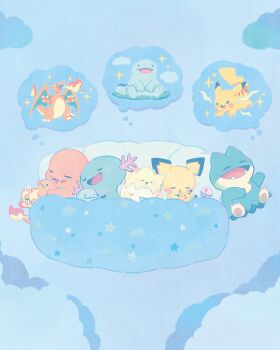  blanket blue_background blue_clouds breath_weapon breathing_fire charizard charmander dream_ball dreaming electricity fire gen_1_pokemon gen_2_pokemon gen_4_pokemon highres holding holding_stuffed_toy lizard munchlax nintendo official_art pichu pillow poke_ball pokemon pokemon_(creature) pokemon_center promotional_art quagsire sparkle speech_bubble stuffed_animal stuffed_toy thought_bubble togepi under_covers wooper 