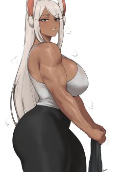  1girl artist_name bare_shoulders batako_(batakoart) boku_no_hero_academia breasts dark-skinned_female dark_skin female_focus highres large_breasts mirko muscular muscular_female pants rabbit_ears red_eyes simple_background sweat tank_top toned toned_female white_background white_hair  rating:General score:45 user:VIZARD_