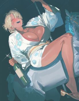  1girl 2026 absurdres alcohol blonde_hair bottle breasts carousel dark-skinned_female dark_skin folded_ponytail highres hintobento holding holding_pole horse horseback_riding huge_breasts japanese_clothes kimono lipstick makeup new_year obi original pole ponytail print_kimono riding sandals sash short_kimono short_yukata sidelocks tan white_horse wine wine_bottle yukata 