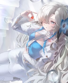  1girl absurdres blue_eyes blue_hair breasts commentary_request dress flower grey_hair hair_flower hair_ornament hair_over_one_eye heterochromia highres holding holding_orb isekaijoucho kamitsubaki_studio long_hair lying multicolored_hair on_back orb pantyhose red_eyes rei_(9086) small_breasts solo two-tone_hair very_long_hair virtual_youtuber white_pantyhose 