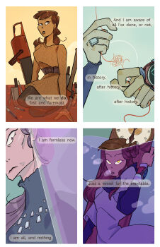  1girl absurdres alternate_eye_color axe blood blue_scarf brown_dress brown_hair cable_knit chainsaw clock closed_mouth commentary dress english_commentary english_text eyelashes gem grandfather_clock grey_hair hair_bun highres jewelry kneeling knife kurashiki_akane kyokugen_dasshutsu kyokugen_dasshutsu:_9_jikan_9_nin_9_no_tobira kyokugen_dasshutsu_adv:_zennin_shibou_desu lips long_hair long_sleeves madsengland multiple_persona old old_woman partially_submerged purple_dress ring sash scarf single_side_bun spoilers string string_of_fate sweater sweater_dress syringe watch water wristwatch yellow_eyes zero_escape:_toki_no_dilemma 