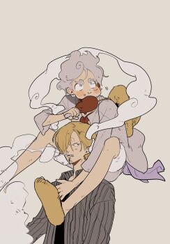  2boys black_shirt blonde_hair boned_meat cigarette collared_shirt eating food gear_fifth highres male_focus meat monkey_d._luffy multiple_boys necktie numata_(oioioioiai) one_piece sanji_(one_piece) shirt smoke smoking white_hair 