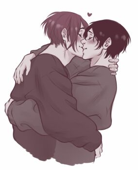  2boys arm_around_another's_waist arm_around_shoulder blush carocchi closed_eyes commentary cropped_torso english_commentary free! from_side hand_on_another's_neck heart highres kiss long_sleeves male_focus matsuoka_rin multiple_boys nanase_haruka_(free!) parted_bangs profile simple_background smile sweater white_background yaoi 