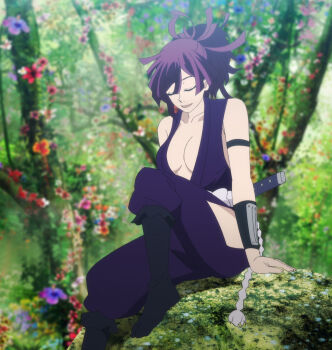 1girl breasts cleavage closed_eyes collarbone jigokuraku open_mouth purple_hair solo stitched third-party_edit yuzuriha_(jigokuraku) 