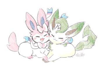  :3 animal_focus blush bow brown_fur closed_eyes fangs full_body gen_4_pokemon gen_6_pokemon green_fur highres leaf leafeon looking_at_viewer lovewolf5122 lying nintendo no_humans open_mouth pink_fur pokemon pokemon_(creature) pokemon_focus ribbon simple_background sylveon two-tone_fur white_background white_fur yellow_fur 