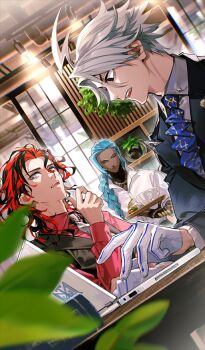  3boys ahoge ashoka_(fate) black_hair black_jacket black_vest blue_hair blurry blurry_foreground braid cafe chaldea_boys_collection closed_eyes commentary_request computer cup dante_alighieri_(fate) dark-skinned_male dark_skin dutch_angle fate/grand_order fate_(series) formal_clothes fuji_mitsuya game_cg gloves grey_eyes grey_shirt hair_over_shoulder hand_on_own_chin holding holding_tray indoors jacket james_moriarty_(ruler)_(fate) laptop long_hair long_sleeves male_focus mug multicolored_hair multiple_boys my_kind_of_abduction necktie official_art open_mouth red_hair red_shirt shirt short_hair sitting suit tattoo third-party_source tray two-tone_hair typing vest white_gloves white_hair white_shirt 