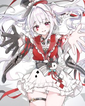  1girl black_choker black_gloves black_hat blush braid breasts butterfly-shaped_pupils center_frills choker clothing_cutout commentary_request cowboy_shot diamond_(shape) diamond_facial_mark diamond_on_cheek dress facial_mark frilled_dress frilled_sleeves frills from_above frown gloves hat hat_ornament heart heart_facial_mark heart_on_cheek highres honkai:_star_rail honkai_(series) long_hair looking_at_another looking_at_viewer mark_under_both_eyes mini_hat mini_top_hat multicolored_hair on_bed open_fifth_position_of_the_arms open_mouth outstretched_arms pink_eyes rabbit_ear_headwear rabbit_hat_ornament red_eyes red_shirt shirt shoulder_cutout shyaruru single_glove skirt smile solo sparkle_(honkai:_star_rail) sparxie_(honkai:_star_rail) spread_arms symbol-shaped_pupils thigh_strap thumbs_up_emoji top_hat twintails very_long_hair white_hair white_skirt  rating:General score:0 user:danbooru