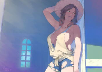  1girl areola_slip arm_up breasts brown_hair commentary_request cowboy_shot denim denim_shorts hat highres large_breasts looking_to_the_side mature_female no_bra original revealing_clothes rumta shorts sideboob sleeveless smile standing straw_hat sun_hat torn_clothes torn_shorts 