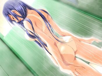  00s 1girl ass back bad_anatomy bad_hands baka_ouji_persia bikini_tan blue_hair breasts closed_eyes dutch_angle female_focus from_behind game_cg hayase_mitsuki kimi_ga_nozomu_eien large_breasts long_hair nude open_mouth showering solo tan tanline wet  rating:Questionable score:49 user:danbooru