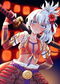  1girl arm_guards armor blue_eyes commentary_request dark-skinned_female dark_skin floral_print_shirt flower flower_ornament hair_flower hair_ornament hibiscus highres hip_armor japanese_armor japanese_clothes looking_at_viewer matsuri_(rune_factory) mirani8889 ponytail red_flower rune_factory rune_factory:_guardians_of_azuma 