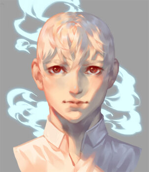  1boy closed_mouth collared_shirt commentary english_commentary grey_background looking_at_viewer lydialing_draws male_focus nose original portrait realistic red_eyes shirt short_hair sketch solo straight-on white_hair white_shirt 