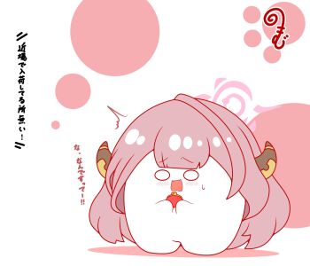  ^^^ aru_(blue_archive) blue_archive blush brown_hair chibi coin_purse colored_shadow commentary_request halo highres holding horns kurukurumagical long_hair open_mouth shadow small_sweatdrop standing sweat translation_request very_long_hair white_background wide_oval_eyes 