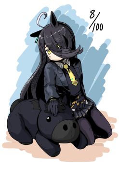  1girl abeyakinn ahoge animal_ears black_coat black_gloves black_hair black_pantyhose black_shirt black_skirt coat collared_shirt creature_and_personification ear_tag earrings gloves hair_between_eyes highres horse horse_ears horse_girl horse_tail jewelry long_bangs long_hair long_hair_between_eyes long_sleeves manhattan_cafe_(creeping_shadow)_(umamusume) manhattan_cafe_(racehorse) manhattan_cafe_(umamusume) multicolored_hair necktie pantyhose personification petting real_life seiza shirt single_earring sitting skirt tail umamusume very_long_hair white_hair yellow_eyes yellow_necktie 