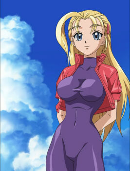 1girl anime_screenshot arms_behind_back blonde_hair blue_eyes bodysuit breasts covered_navel curvy furinji_miu highres jacket large_breasts legs lips long_hair looking_at_viewer open_clothes open_jacket shijou_saikyou_no_deshi_ken'ichi solo stitched thighs third-party_edit