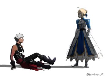  1boy 1girl ahoge archer_(fate) are_you_my_master armor armored_dress artoria_pendragon_(fate) black_boots black_gloves blonde_hair blue_dress boots braid bun_with_braided_base commentary_request dark-skinned_male dark_skin dress fate/stay_night fate_(series) fingerless_gloves gauntlets gloves greaves grey_hair hair_bun karakasa_25 long_dress saber_(fate) scene_reference single_hair_bun sitting 