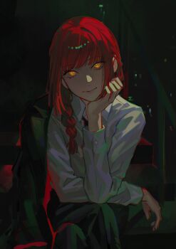  1girl absurdres black_necktie black_pants braid braided_ponytail chainsaw_man cigma closed_mouth collared_shirt commentary crossed_legs dress_shirt english_commentary formal_clothes hand_on_own_chin head_tilt highres jacket jacket_on_shoulders makima_(chainsaw_man) necktie office_lady pants railing red_hair ringed_eyes shirt shirt_tucked_in sitting smile solo stairs white_shirt yellow_eyes  rating:General score:16 user:danbooru