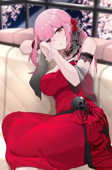  1girl absurdres alternate_costume bare_shoulders breasts choker cleavage commentary dress english_commentary evening_gown flower hair_ornament highres hololive hololive_english kanadeho lace-trimmed_choker lace_trim large_breasts looking_at_viewer mori_calliope mori_calliope_(party_dress) official_alternate_costume parted_lips pink_eyes pink_hair red_dress red_flower red_rose rose sitting skull solo strapless strapless_dress upper_body virtual_youtuber 