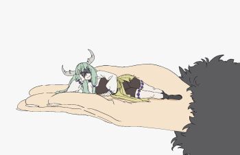  2girls blindfold braid choker closed_mouth demon demon_girl demon_horns fujimoto_kouki green_hair highres horns jewelry long_hair methode_(sousou_no_frieren) multiple_girls skirt smile sousou_no_frieren zorida_(sousou_no_frieren) 