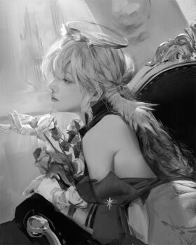  1girl backless_dress backless_outfit couch dress flower gloves greyscale halo hand_up head_wings highres honkai:_star_rail honkai_(series) jewel_under_eye lips long_hair looking_ahead lying monochrome on_couch on_stomach pluvium_grandis realistic robin_(honkai:_star_rail) sitting_sideways solo wings 