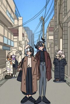 6+girls absurdres ahoge alley alternate_costume animal_ears asymmetrical_horns bag beret black_coat black_flower black_hair black_horns black_shoes black_skirt black_sweater blonde_hair blue_hair blue_pants blue_sky blush brown_coat brown_hair brown_hat brown_sweater building cat_ears cat_girl cat_tail closed_eyes closed_mouth coat colored_inner_animal_ears colored_inner_hair commentary cup day demon_horns denim disposable_coffee_cup disposable_cup dog_ears dog_girl facing_viewer flower full_body fuwawa_abyssgard gigi_murin grey_hair grin hair_ornament hat highres holding holding_cup hololive hololive_english horn_flower horns jeans klefpto lion_ears lion_girl loafers long_hair long_skirt long_sleeves looking_at_viewer mococo_abyssgard multicolored_hair multiple_girls nekomata_okayu nerissa_ravencroft orange_scarf outdoors pants pleated_skirt power_lines purple_hair purple_scarf scarf shared_clothes shiori_novella shishiro_botan shoes shoulder_bag skirt sky smile split-color_hair standing sweater tail tail_wrap tassel tassel_hair_ornament two-tone_hair uneven_horns untranslatable_commentary utility_pole virtual_youtuber winter_clothes x_hair_ornament yellow_eyes 