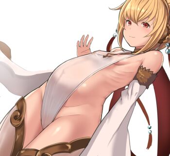  10s 1girl :3 andira_(granblue_fantasy) blonde_hair breasts covered_navel detached_sleeves erune female_focus granblue_fantasy pregnant red_eyes short_hair sideboob simple_background small_breasts solo taji_(crowview) thighs white_background  rating:Questionable score:141 user:danbooru