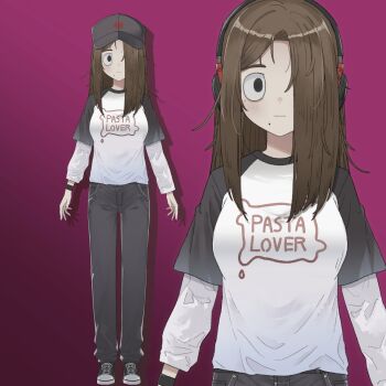  1girl absurdres black_eyes black_hat black_shirt black_shoes brown_hair clauvio_(vtuber) commentary english_commentary gradient_background grey_pants hair_over_one_eye hat headphones highres indie_virtual_youtuber messy_hair mole mole_under_mouth official_art omochi_chowder pants pink_background shirt shoes sneakers two-tone_shirt virtual_youtuber white_shirt 
