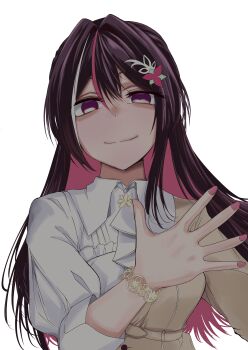  1girl absurdres azki_(1st_costume)_(hololive) azki_(hololive) collared_dress colored_inner_hair commentary_request dot_nose dress greyscale hair_between_eyes hair_ornament highres hololive hololive_grand_theft_auto long_hair long_sleeves looking_at_viewer monochrome multicolored_hair nail_polish pink_hair pink_nails purple_eyes purple_hair simple_background smile virtual_youtuber zero80236835117 