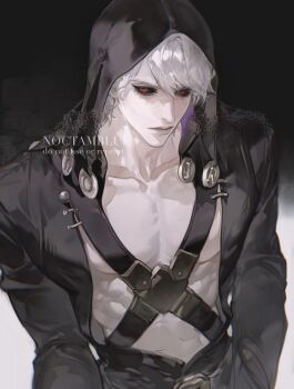  1boy abs ansdeveur artist_name bare_pectorals belt black_belt black_coat black_hood black_sclera chest_harness closed_mouth coat collarbone colored_sclera commentary english_commentary gradient_background harness highres hood hood_up jojo_no_kimyou_na_bouken long_sleeves looking_at_viewer male_focus open_clothes open_coat pectorals red_eyes risotto_nero short_hair solo toned toned_male twitter_username upper_body vento_aureo white_hair 