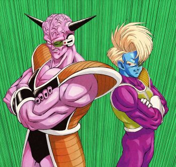  2boys blonde_hair blue_skin bodysuit captain_ginyu colored_skin cowboy_shot crossed_arms dragon_ball dragonball_z highres horns multiple_boys nagare_seiya purple_bodysuit purple_eyes purple_skin red_eyes saiyan_armor salza scouter 
