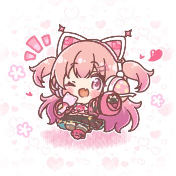  1girl ;d animal_ear_headphones animal_ears black_gloves black_skirt blush_stickers boots brown_thighhighs chibi colored_shadow commentary_request commission copyright_request fake_animal_ears fang fingerless_gloves fold-over_boots gloves gradient_hair headphones heart heart_background highres holding holding_microphone jacket long_hair long_sleeves microphone mitarashi_neko multicolored_hair navel notice_lines one_eye_closed open_clothes open_jacket open_mouth pink_boots pink_hair pink_jacket pleated_skirt puffy_long_sleeves puffy_sleeves purple_eyes purple_hair shadow shirt skeb_commission skirt smile solo star_(symbol) thighhighs thighhighs_under_boots two_side_up very_long_hair virtual_youtuber white_background white_shirt 