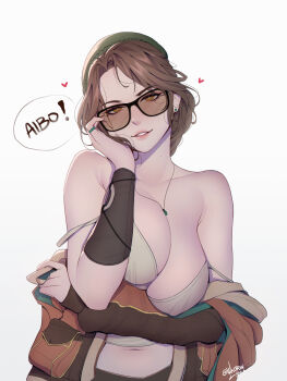  ! absurdres alma_(monster_hunter_wilds) alternate_breast_size bare_shoulders breasts brown_hair collarbone commentary_request covered_erect_nipples heart highres jewelry large_breasts lips liya_nikorov long_hair looking_at_viewer mixed-language_commentary mole mole_on_neck monster_hunter_(series) monster_hunter_wilds navel necklace parted_lips pink_lips simple_background smile sunglasses twitter_username undressing white_background 