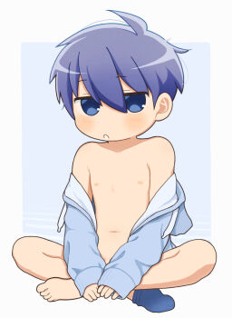  1boy aba_oji absurdres barefoot blue_background blue_eyes blue_jacket blush crossed_legs gradient_hair highres jacket jacket_partially_removed male_focus multicolored_hair nipples original purple_hair shota solo solo_focus  rating:Questionable score:12 user:daddyyaoi