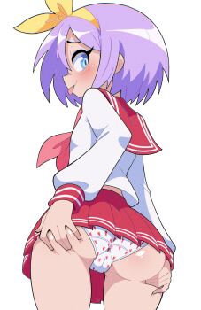  1girl absurdres ass ass_focus blush bow_hairband cameltoe chromatic_aberration crotch_seam film_grain flat_chest from_behind from_below grabbing_own_ass hairband heart heart_panties heart_print highres hiiragi_tsukasa huge_filesize loli long_sleeves looking_at_viewer looking_back lucky_star panties pink_serafuku pleated_skirt print_panties purple_hair red_sailor_collar red_skirt ryouou_school_uniform sailor_collar school_uniform self-upload serafuku shiny_skin shirt short_hair skirt solo spreading_own_ass tongue tongue_out underwear unepicroachy upskirt white_panties white_shirt yellow_hairband  rating:Questionable score:158 user:Symbass