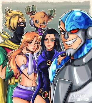  2girls 3boys artist_name beast_boy_(dc) beast_boy_(dc)_(cosplay) blonde_hair cape closed_mouth commentary cosplay cyborg_(dc) cyborg_(dc)_(cosplay) dc_comics english_commentary franky_(one_piece) friends greciiagzz halloween halloween_costume highres instagram_logo instagram_username multiple_boys multiple_girls nico_robin one_piece orange_hair raven_(dc) raven_(dc)_(cosplay) robin_(dc) robin_(dc)_(cosplay) robot sanji_(one_piece) signature starfire starfire_(cosplay) teen_titans tony_tony_chopper twitter_username twitter_x_logo watermark 