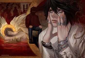  3boys arm_pillow bags_under_eyes black_eyes black_hair black_pants border bracelet brown_hair commentary cross cross_necklace death_note english_commentary glasses hair_between_eyes halo halo_behind_head hands_on_own_cheeks hands_on_own_face hands_on_own_knees highres jewelry l_(death_note) lips lying male_focus multiple_boys multiple_rings necklace nose on_back ornate_border pants rectangular_eyewear ring sanguices shirt short_hair sitting twitter_username white_shirt yellow_halo 