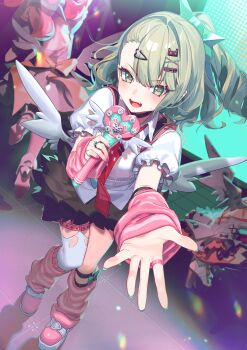  3girls angels_of_delusion aria_(zenless_zone_zero) arm_warmers backpack bag black_skirt commentary english_commentary green_eyes green_hair hair_ornament hairclip highres holding holding_microphone leg_warmers looking_at_viewer microphone multiple_girls nangong_yu necktie offering_hand open_mouth pink_arm_warmers pink_leg_warmers red_necktie second-party_source shirt short_sleeves single_thighhigh skirt smile solo_focus standing striped_arm_warmers striped_leg_warmers sunna_(zenless_zone_zero) take_bayashi_3d teeth thighhighs upper_teeth_only white_shirt white_thighhighs zenless_zone_zero 