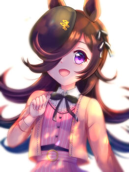  1girl :d animal_ears anjou_seira black_bow black_bowtie black_hat blurry bow bowtie collared_shirt commentary_request depth_of_field flipped_hair hair_bow hair_over_one_eye hat highres horse_ears horse_girl jacket long_sleeves looking_at_viewer one_eye_covered open_mouth pink_jacket pink_skirt pink_vest rice_shower_(happiness_just_around_the_bend)_(umamusume) rice_shower_(umamusume) shirt skirt smile solo striped_clothes striped_skirt striped_vest tilted_headwear umamusume upper_body vertical-striped_clothes vertical-striped_skirt vertical-striped_vest vest white_background white_shirt 