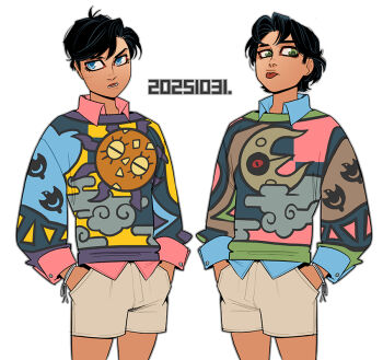  2boys batman_(series) black_hair blue_collar blue_eyes brothers child collar collared_shirt commentary cropped_legs dated dc_comics dick_grayson english_commentary fishtre gen_3_pokemon green_eyes hands_in_pockets jason_todd lunatone matching_outfits matching_pose multiple_boys nintendo pink_collar pokemon print_sweater shirt shorts siblings simple_background solrock standing sweater white_background 