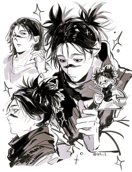  1boy chibi chibi_inset choso_(jujutsu_kaisen) commentary facial_mark greyscale hair_undone highres ikaooi1 jujutsu_kaisen male_focus monochrome multiple_views robe short_hair short_twintails simple_background sparkle twintails twitter_username untranslatable_commentary white_background 