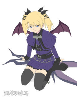  absurdres bat_wings blonde_hair blue_eyes boots casper_(deathsmiles) cave_(developer) deathsmiles hair_ornament highres mmmkawaine short_twintails simple_background sitting thighhighs twintails white_background wings 