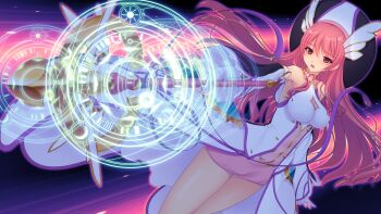  1girl bare_shoulders breasts cleavage detached_sleeves dress en_ciel_rena en_ciel_rena_(magius) floating_hair game_cg hat holding holding_staff kourin_tenshi_en_ciel_rena large_variant_set long_hair long_sleeves looking_at_viewer magic_circle magical_girl medium_breasts miniskirt navel non-web_source official_art open_mouth pink_hair pink_skirt red_eyes ribbon saitou_natsuki skirt solo staff suhamaya tomoe_rena variant_set very_long_hair 