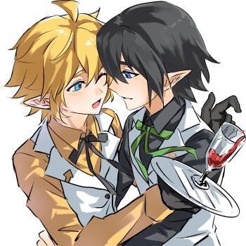  2boys absurdres ahoge alcohol alternate_costume aotu_world black_gloves black_hair black_ribbon black_shirt blonde_hair blue_eyes blush camil_(aotu_world) chinese_commentary collared_shirt cup drinking_glass eye_contact fang gloves green_ribbon hair_between_eyes highres holding holding_tray hug king_(aotu_world) long_sleeves looking_at_another male_focus multiple_boys neck_ribbon one_eye_closed open_mouth parted_lips pointy_ears ribbon shirt short_hair simple_background smile tray upper_body vest white_background white_vest wine wine_glass yaoi yellow_shirt yezhulatanglaoban 