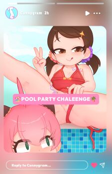  2girls anya_(spy_x_family) becky_blackbell blush brown_eyes brown_hair censored close-up closed_mouth clothing_aside collarbone collarbone_tattoo constricted_pupils convenient_censoring cunny_(meme) day dot_nose empty_eyes eyelashes feet_out_of_frame female_focus flat_chest green_eyes half-closed_eyes hand_up instagram leaning_back leg_tattoo licking_lips loli long_hair looking_at_another looking_at_viewer looking_back low_twintails matching_hair/eyes meme multiple_girls one-piece_swimsuit oscarlllll outdoors pink_hair pussy red_one-piece_swimsuit sitting smile spread_legs spy_x_family swimsuit tattoo thighs tongue tongue_out twintails v 