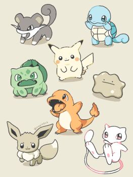  blue_eyes bulbasaur charmander commentary_request ditto eevee fangs floating full_body gen_1_pokemon green_eyes grey_eyes kana_(maple926) legendary_pokemon mew_(pokemon) mythical_pokemon nintendo no_humans open_mouth orange_eyes pikachu pokemon pokemon_(creature) pokemon_focus rattata shadow simple_background sitting smile squirtle standing twitter_username 