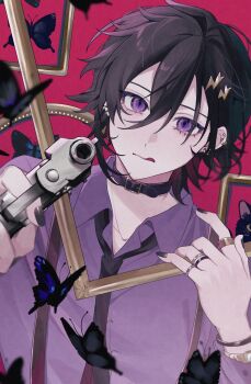  10_io 1boy aiming aiming_at_viewer belt_collar beretta_92 black_butterfly black_collar black_hair black_nails black_necktie bracelet bug butterfly choker collar collared_shirt commentary ear_piercing eyelashes gold_bracelet gun hair_ornament hairclip handgun highres holding holding_gun holding_weapon holostars insect jewelry kanade_izuru licking_lips looking_at_viewer male_focus multiple_rings nail_polish necktie picture_frame piercing purple_eyes purple_shirt red_background ring shirt short_hair slit_pupils solo suspenders symbol-only_commentary tongue tongue_out upper_body virtual_youtuber weapon 