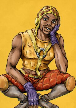  1boy absurdres araki_hirohiko_(style) arm_support arm_up blue_gloves boots brown_eyes commentary_request dark-skinned_male dark_skin facial_hair fingerless_gloves full_body gloves grey_boots hand_on_own_cheek hand_on_own_face hand_on_own_hip hat highres jojo_no_kimyou_na_bouken kaib0y knee_pads male_focus mustache official_style orange_pants pants parted_lips pocoloco shirt simple_background sleeveless sleeveless_shirt smile spurs squatting steel_ball_run teeth yellow_background yellow_hat yellow_shirt yellow_suspenders 