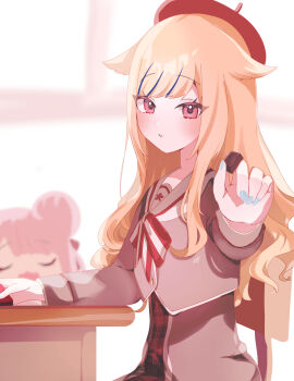  1girl absurdres beret black_hair blue_hair bow bowtie chair chocolate commentary_request desk food green_nails grey_shirt grey_vest hair_flaps hat highres himehina_channel holding holding_food iroiro3dayo long_hair long_sleeves looking_at_viewer multicolored_hair nail_polish on_chair pink_eyes red_bow red_bowtie red_hat shirt sitting solo streaked_hair striped_bow striped_bowtie striped_clothes suzuki_hina vest white_bow white_bowtie 